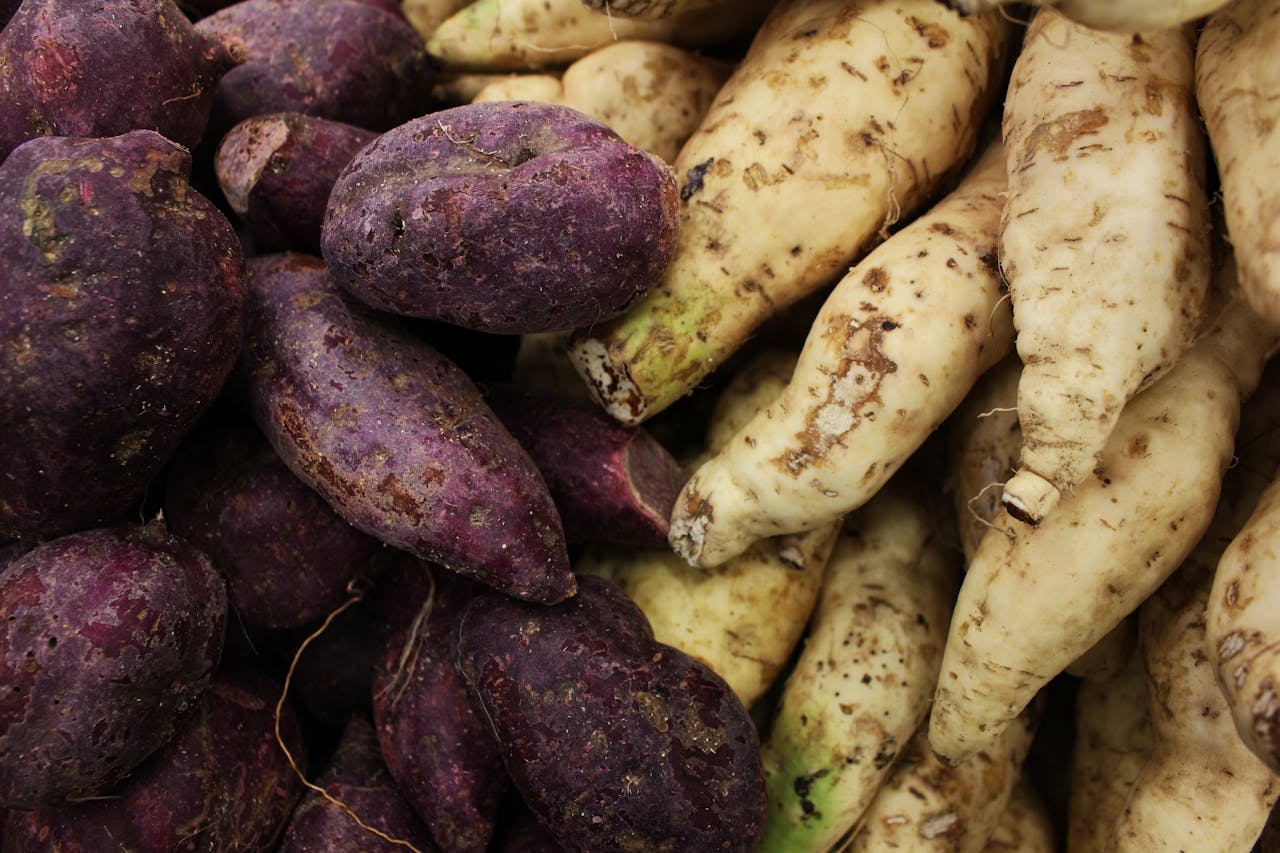 A close-up view of purple and white sweet potatoes piled together.