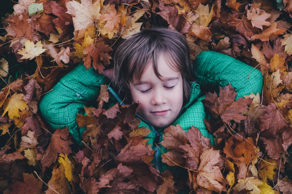 A young child asleep in autumn leaves, indicative of restful sleep.