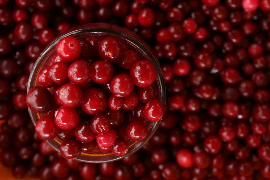 Top view of a jar filled with fresh, bright red cranberries surrounded by more cranberries.